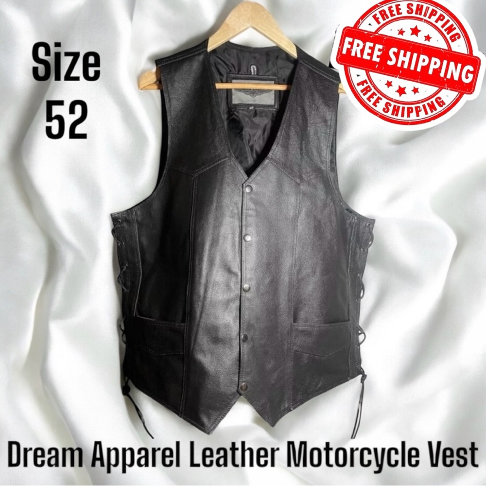 Dream Apparel EUC Black Leather Motorcycle Vest SZ 52 (52" chest) FREE SHIPPING